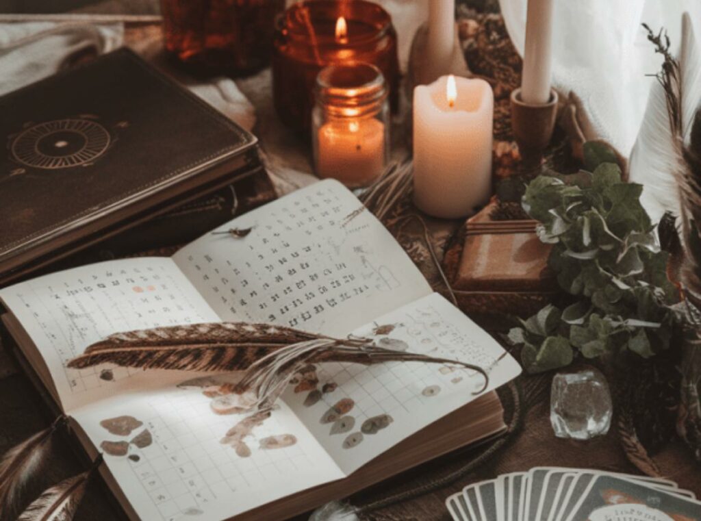 Table de rituel avec livre ouvert