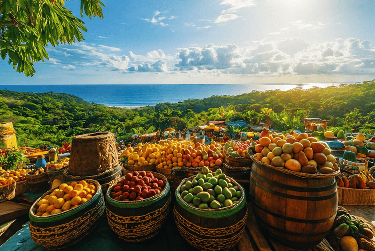 Des fruits dans des pots sur une côte antillaise